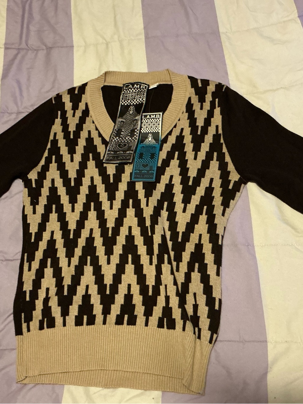 L.A.M.B. Geometric Zigzag Knit Cardigan - Black & Beige
